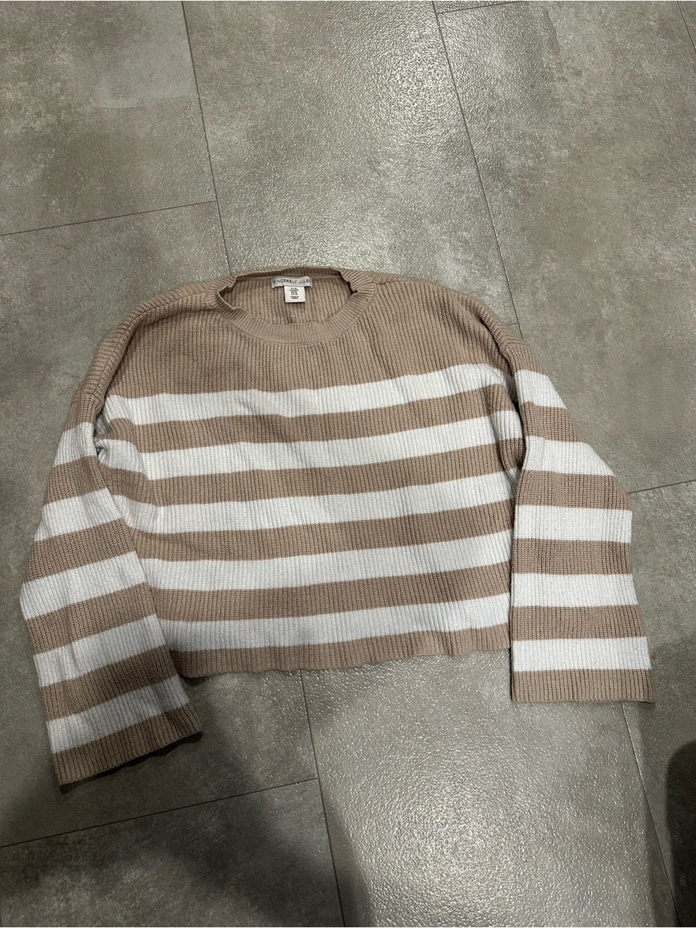 Sincerely Jules Beige and White Striped Cropped Sweater